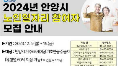 안양시, 내년도 노인일자리 참여자 ‘확대’…4778명 모집