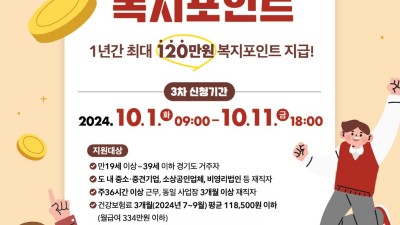 경기도, ‘청년 복지포인트’ 3차 참여자 1만명 모집. 연간 120만 원 지원